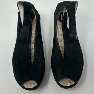 Fly London Prerforated Desgin Peep Toe Wedge Black Shoes